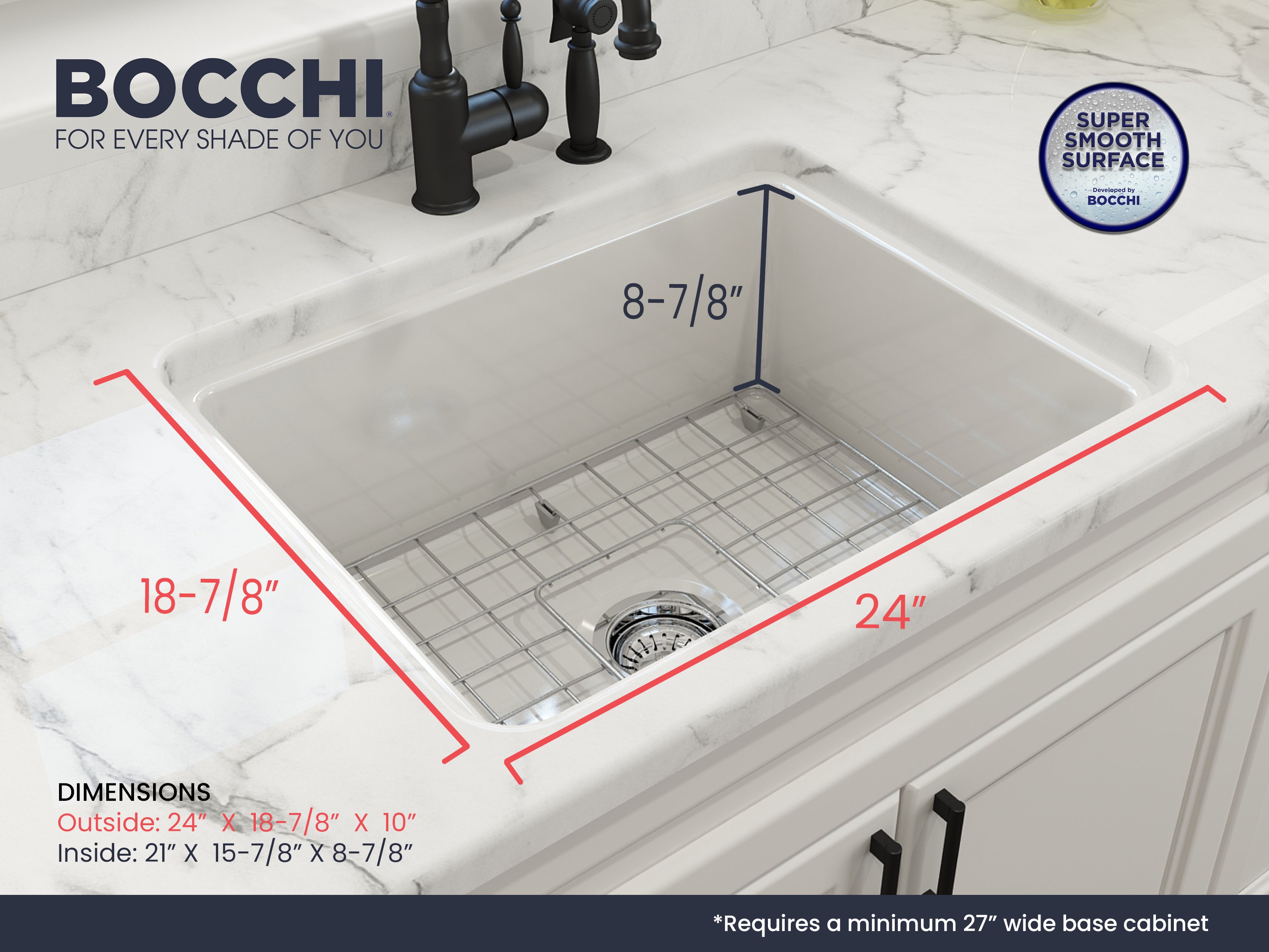 BOCCHI Sotto 24" Dual Mount Fireclay Kitchen Sink Kit with Accessories, White, 1627-001-0120