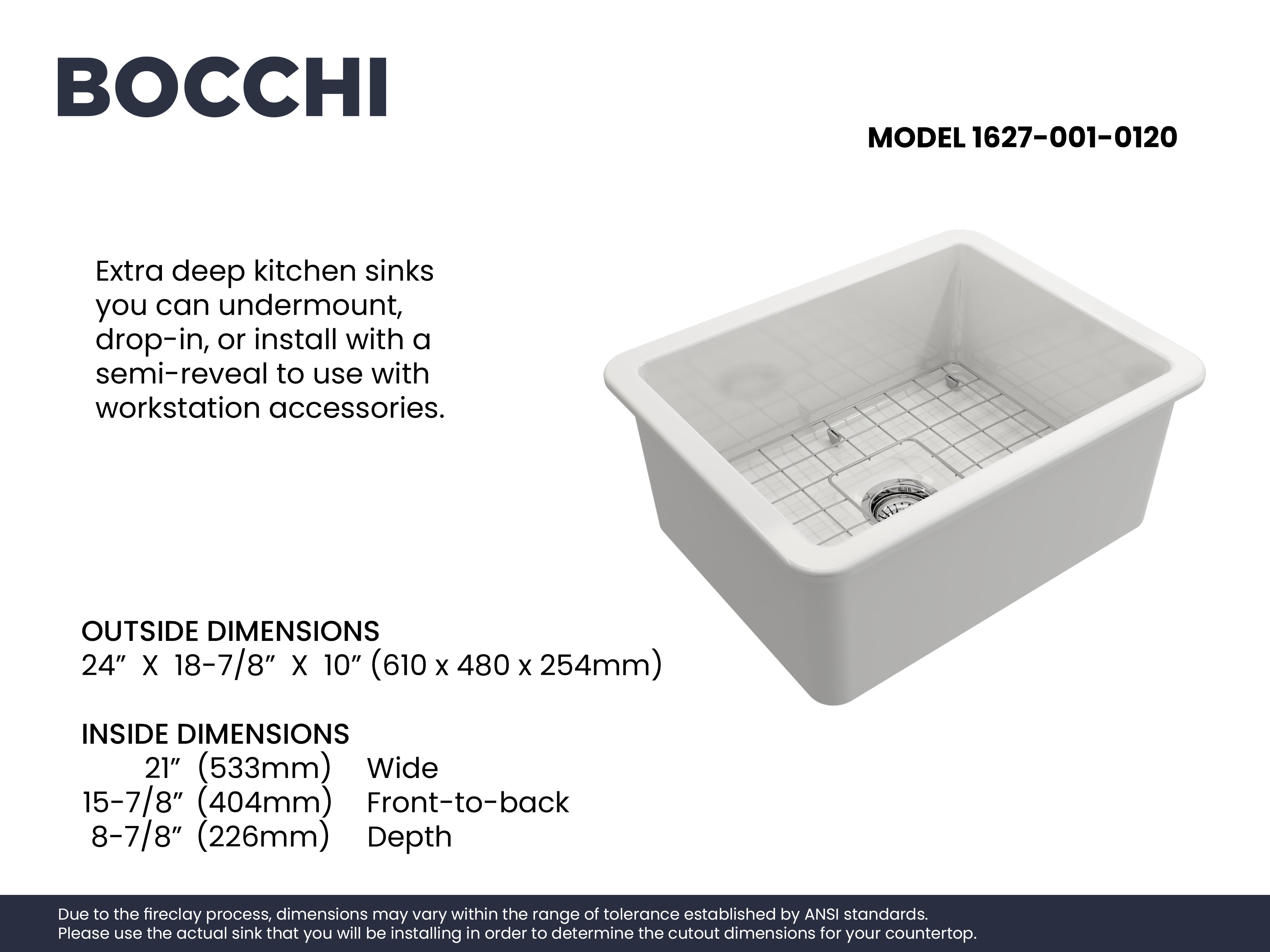 BOCCHI Sotto 24" Dual Mount Fireclay Kitchen Sink Kit with Accessories, White, 1627-001-0120