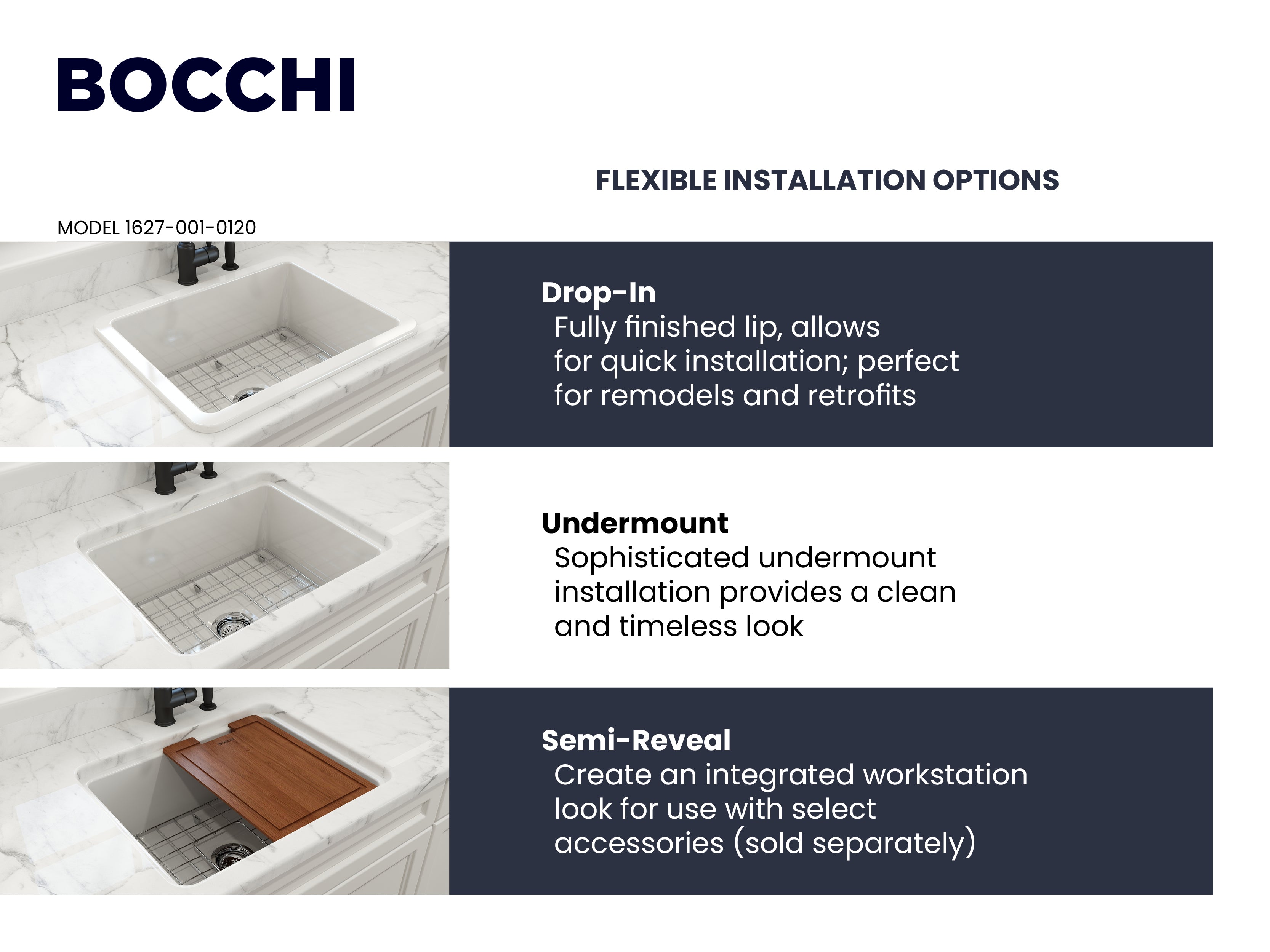 BOCCHI Sotto 24" Dual Mount Fireclay Kitchen Sink Kit with Accessories, White, 1627-001-0120