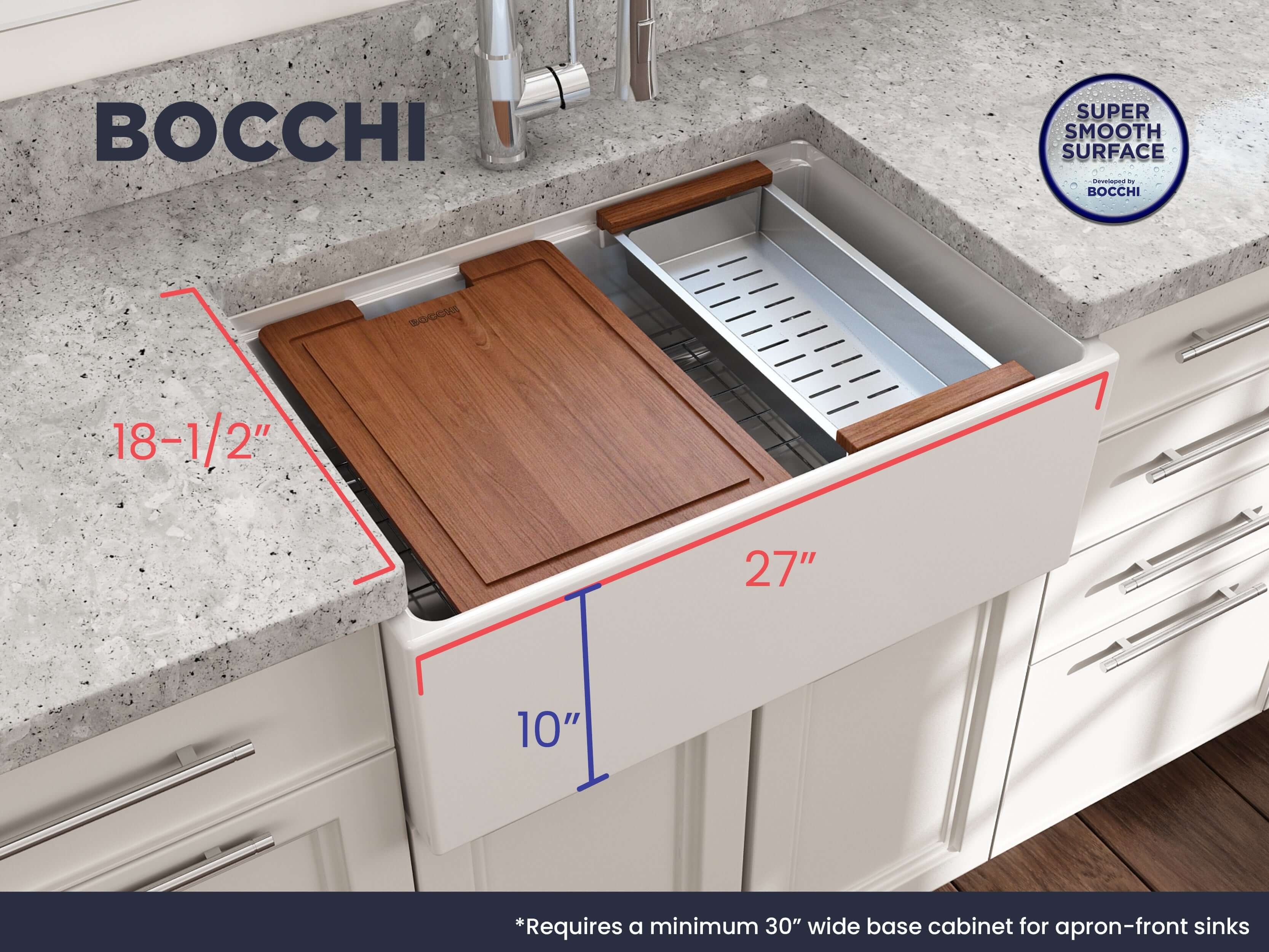 BOCCHI Contempo 27" Fireclay Workstation Farmhouse Sink Kit with Accessories, White, 1628-001-0120