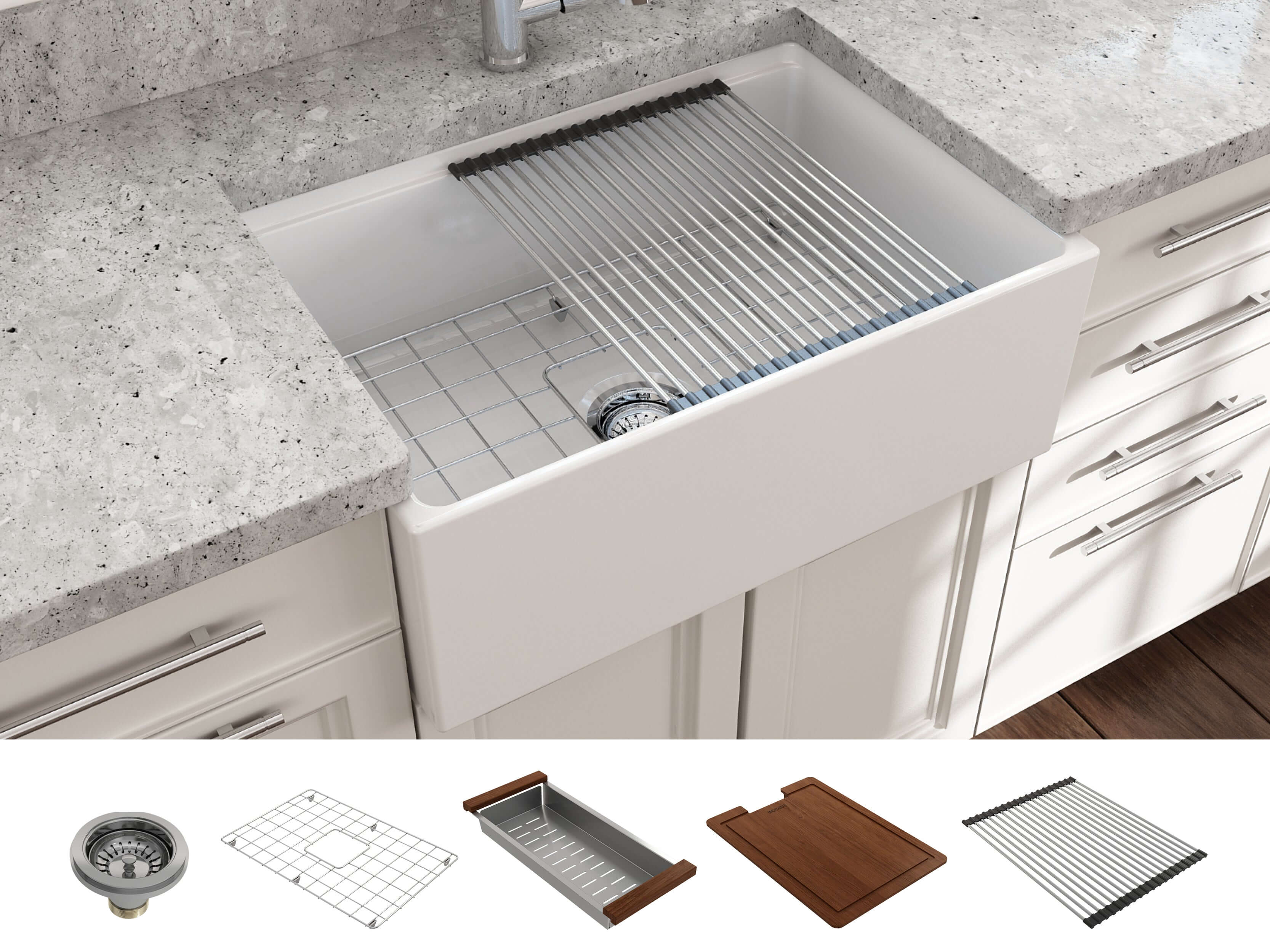 BOCCHI Contempo 27" Fireclay Workstation Farmhouse Sink Kit with Accessories, White, 1628-001-0120
