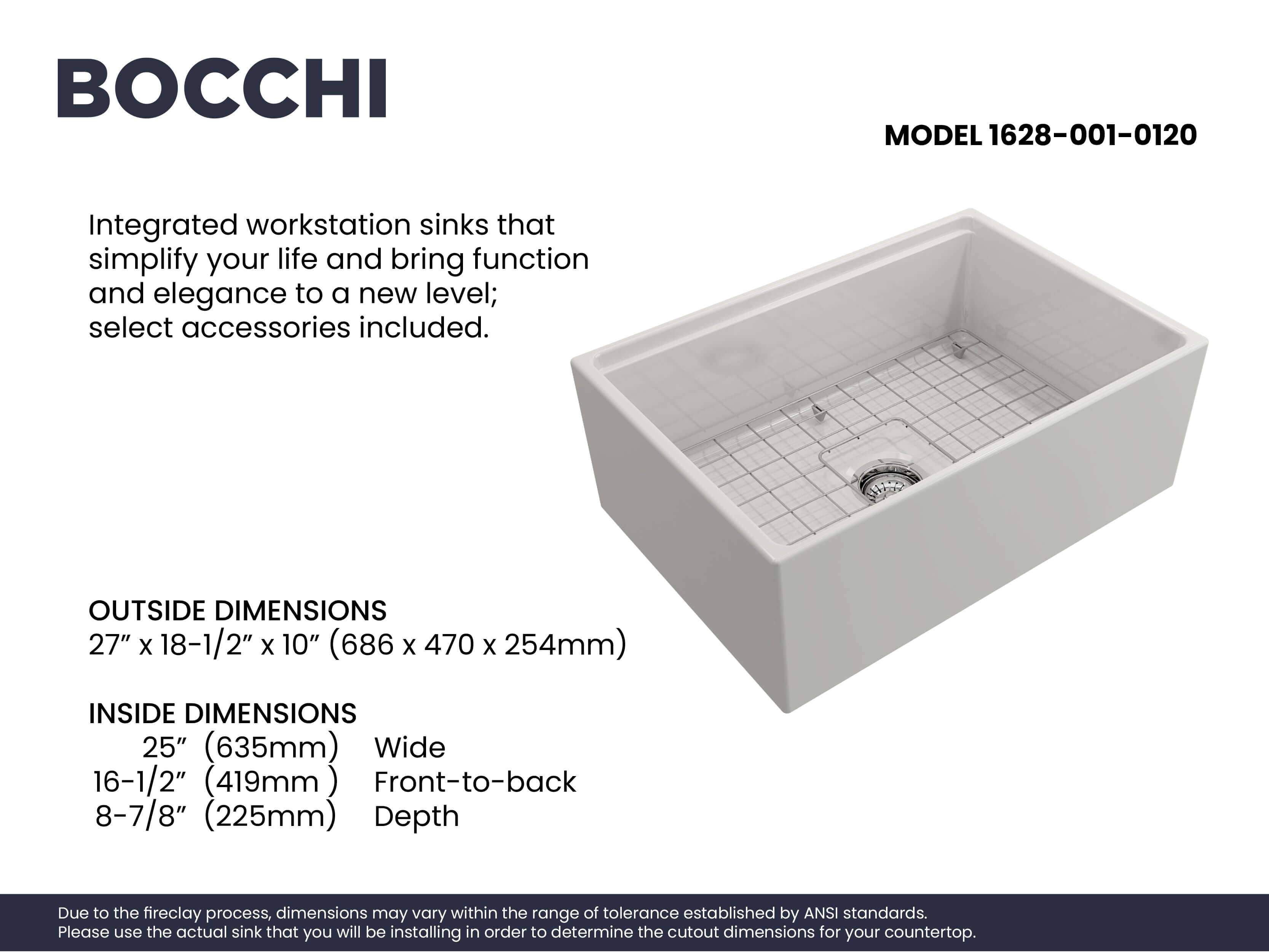 BOCCHI Contempo 27" Fireclay Workstation Farmhouse Sink Kit with Accessories, White, 1628-001-0120
