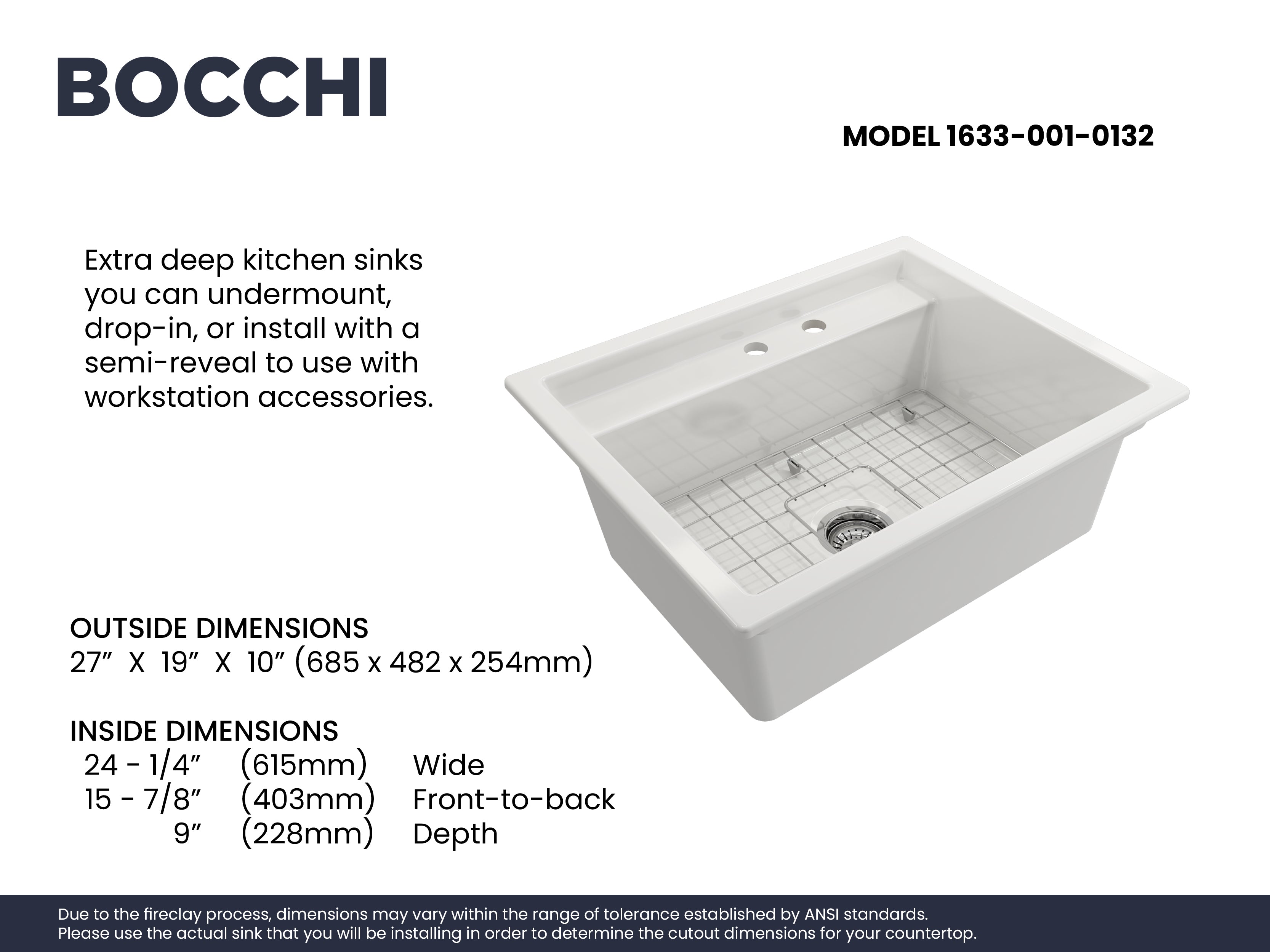 BOCCHI Baveno Uno 27" Dual Mount Fireclay Workstation Kitchen Sink Kit with Accessories, White, 1633-001-0132