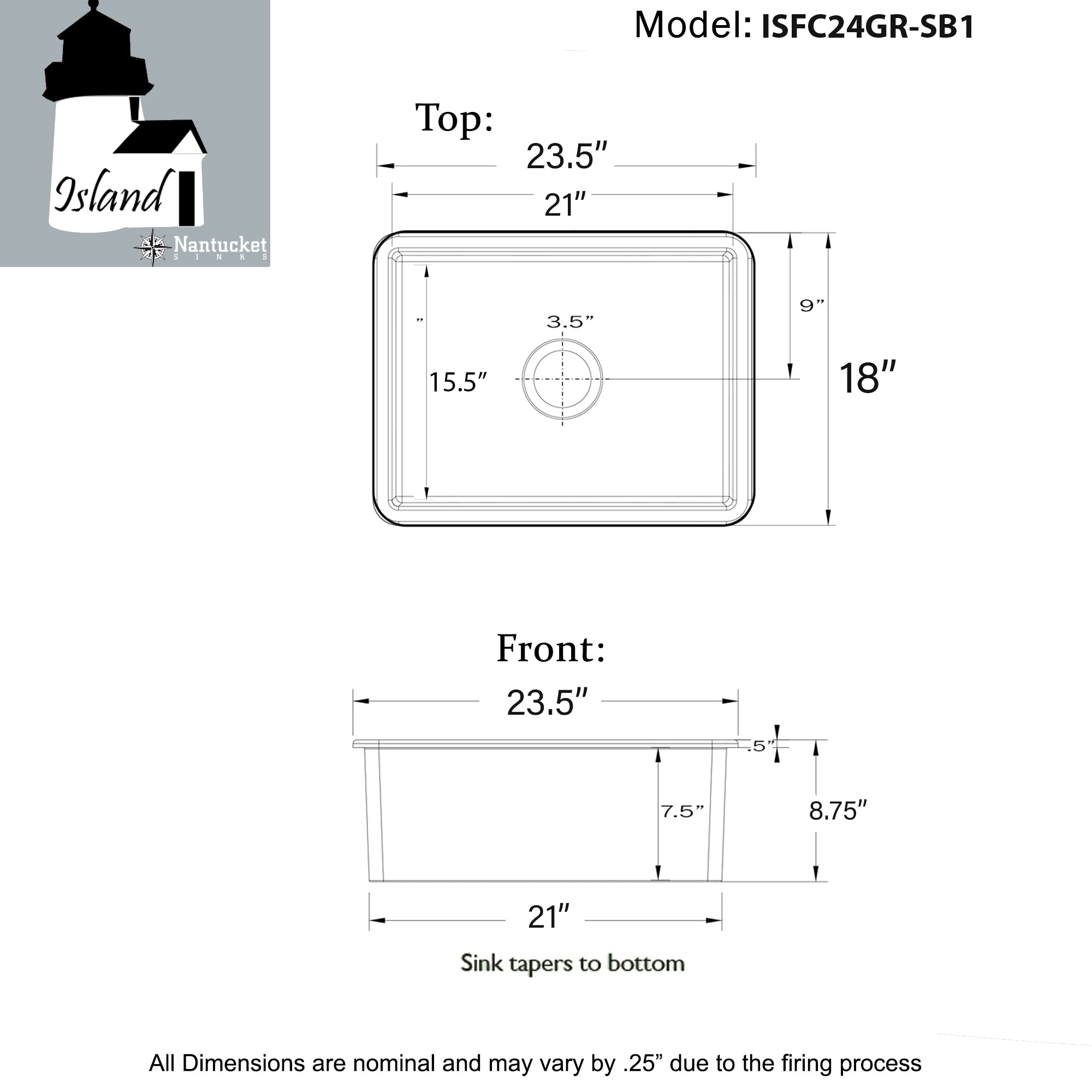 Nantucket Sinks Island 24" Dual Mount Fireclay Kitchen Sink with Accessories, Matte Grey, ISFC24GR-SB1