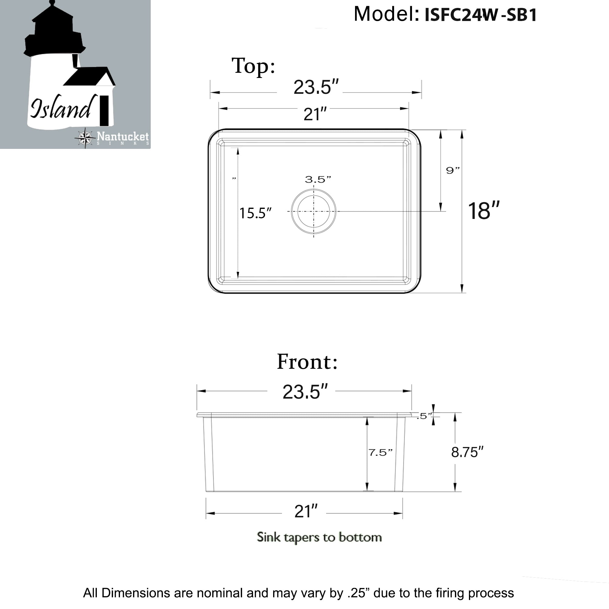 Nantucket Sinks Island 24" Dual Mount Fireclay Kitchen Sink with Accessories, White, ISFC24W-SB1