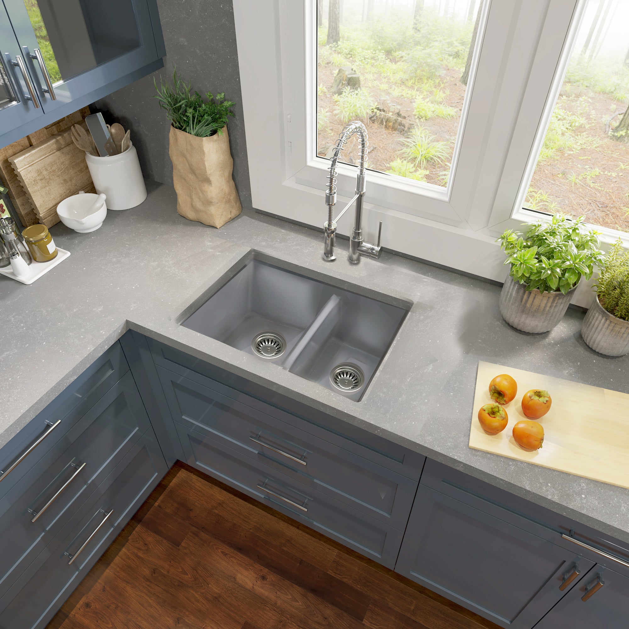 Nantucket Sinks Island 24" Dual Mount Fireclay Kitchen Sink with Accessories, 67/33 Double Bowl, Matte Grey, ISFC24x18GR-DB2