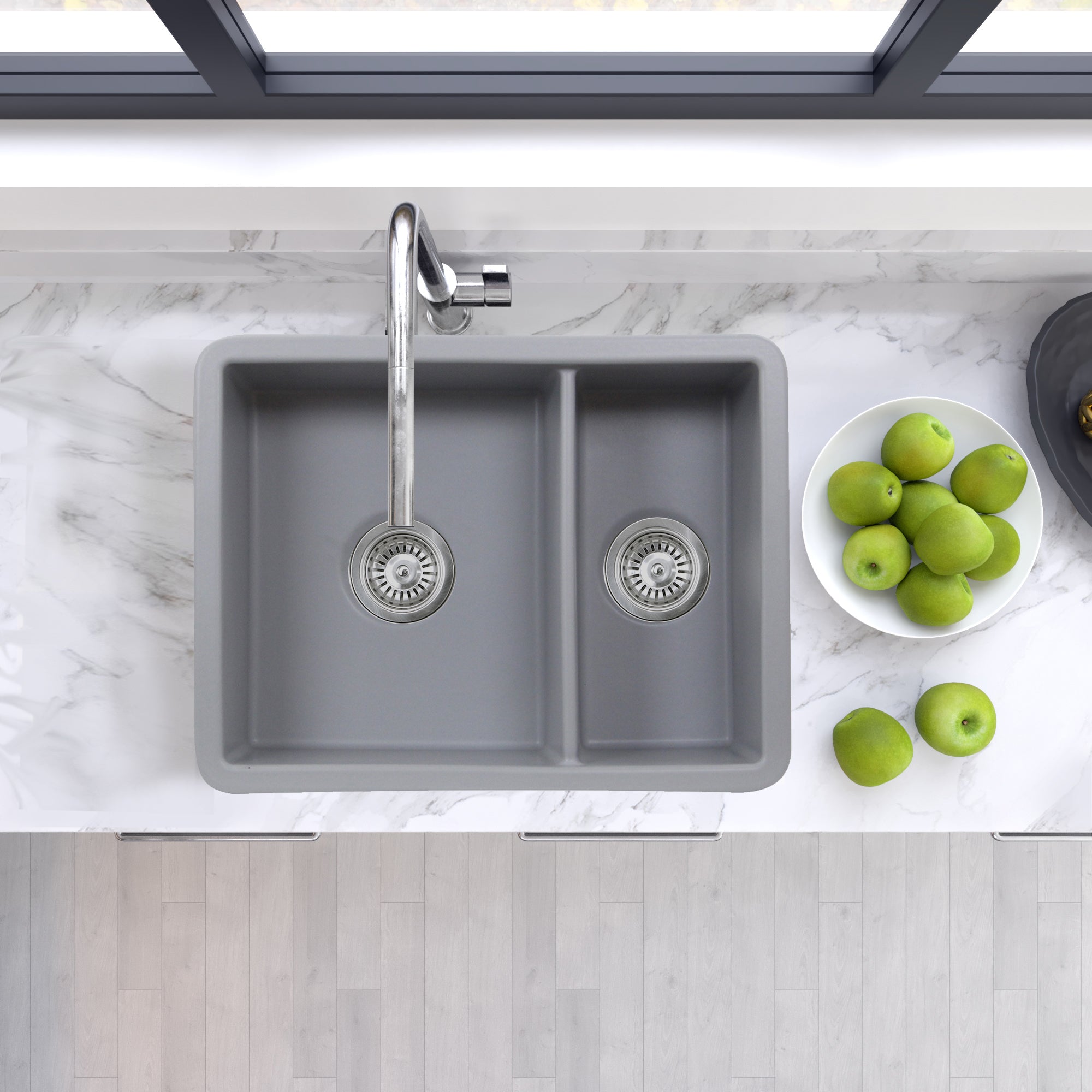 Nantucket Sinks Island 24" Dual Mount Fireclay Kitchen Sink with Accessories, 67/33 Double Bowl, Matte Grey, ISFC24x18GR-DB2