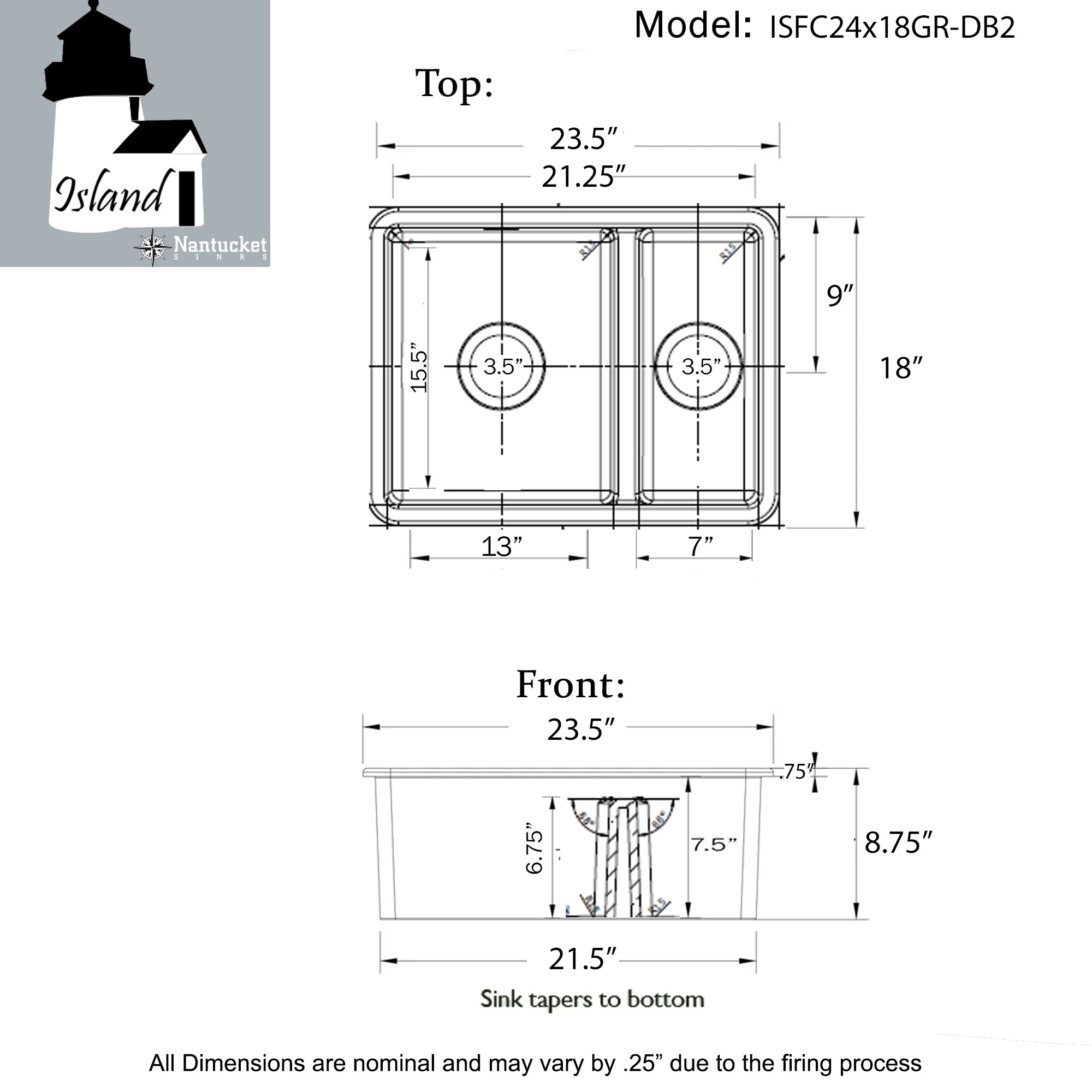 Nantucket Sinks Island 24" Dual Mount Fireclay Kitchen Sink with Accessories, 67/33 Double Bowl, Matte Grey, ISFC24x18GR-DB2