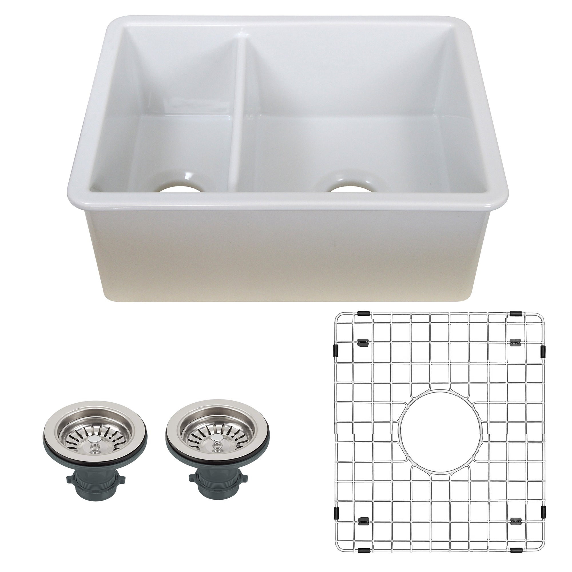 Nantucket Sinks Island 24" Dual Mount Fireclay Kitchen Sink with Accessories, 67/33 Double Bowl, White, ISFC24x18W-DB2