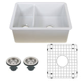 Nantucket Sinks Island 24" Dual Mount Fireclay Kitchen Sink with Accessories, 67/33 Double Bowl, White, ISFC24x18W-DB2