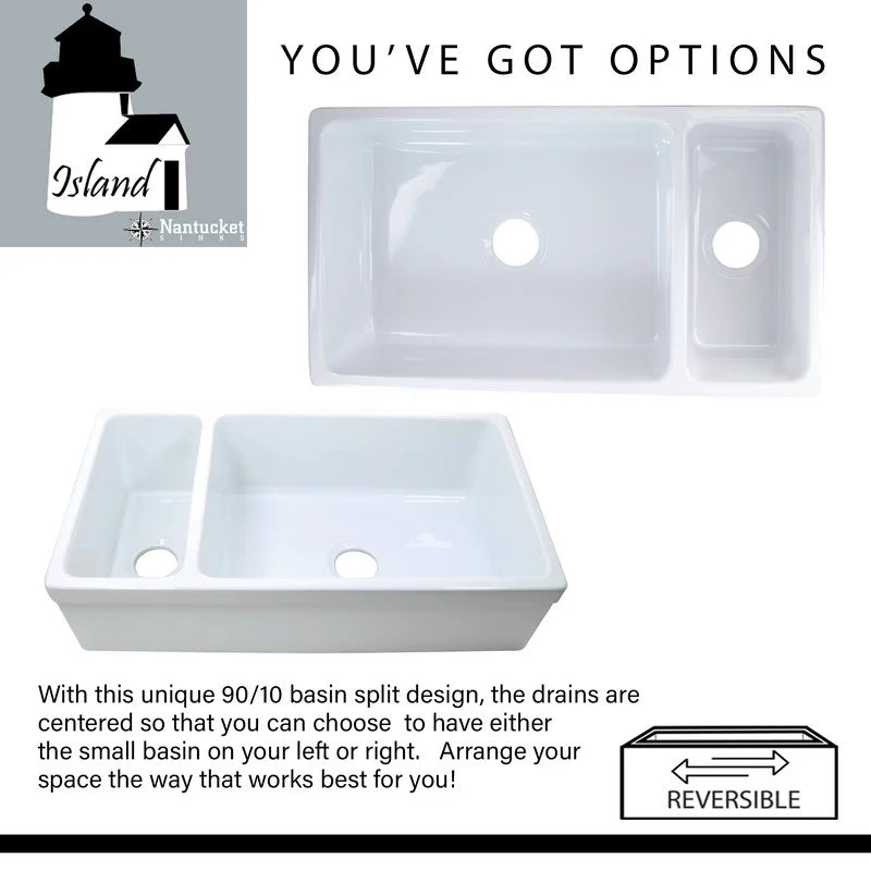 Nantucket Sinks Island 36" Fireclay Farmhouse Sink with Accessories, 90/10 Double Bowl, White, ISFCGW35X19DBSO