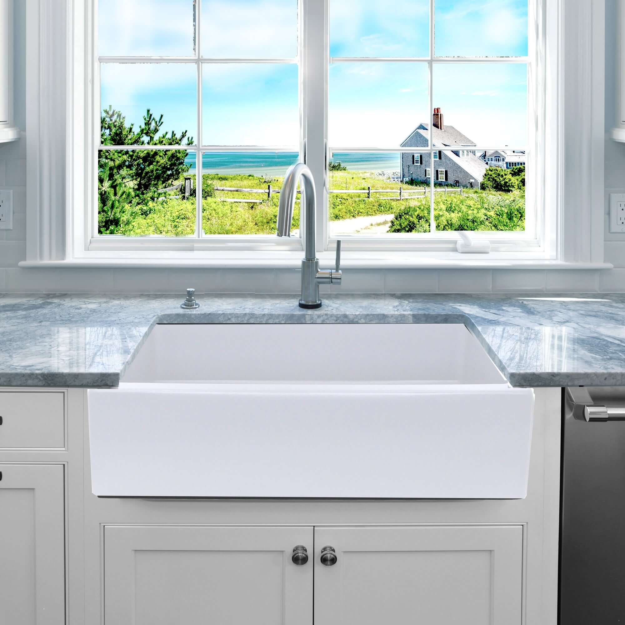 Nantucket Sinks Island 36" Fireclay Farmhouse Sink, White, ISFCW36x18SO