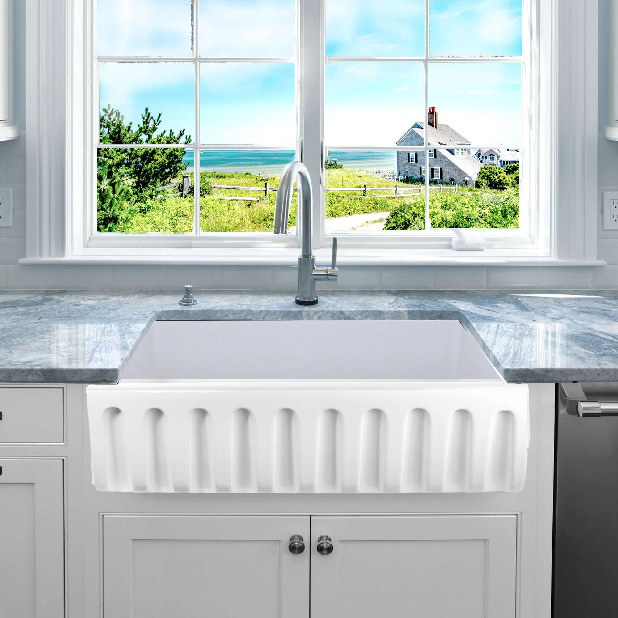 Nantucket Sinks Island 36" Fireclay Farmhouse Sink, White, ISFCW36x18SO