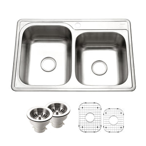 Alternate Image for Houzer Glowtone 33" Stainless Steel Topmount 1-hole 60/40 Double Bowl Kitchen Sink Strainers & Grids - 20 Gauge, ISL-3322BS1-C