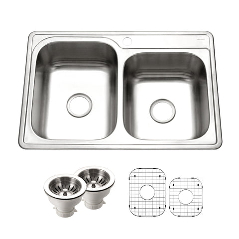 Houzer Glowtone 33" Stainless Steel Topmount 1-hole 60/40 Double Bowl Kitchen Sink Strainers & Grids - 20 Gauge, ISL-3322BS1-C