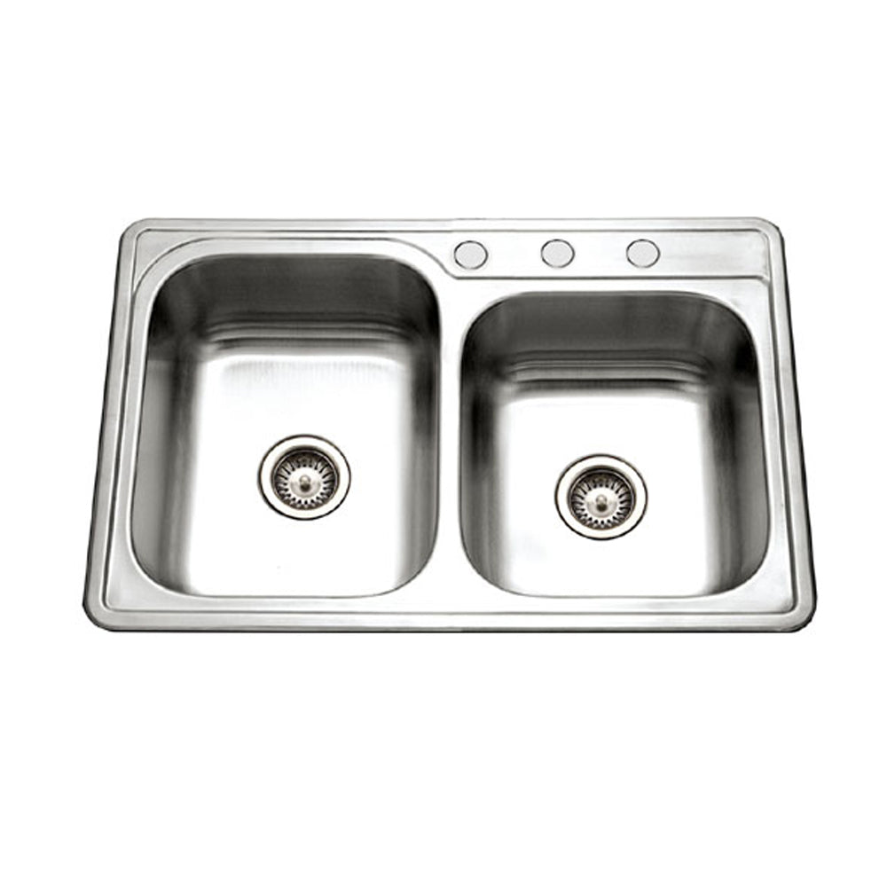 Houzer Glowtone 33" Stainless Steel Topmount 3-hole 60/40 Double Bowl Kitchen Sink with Strainers & Grids - 20 Gauge, ISL-3322BS3-C