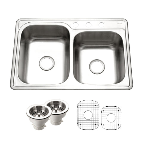 Houzer Glowtone 33" Stainless Steel Topmount 3-hole 60/40 Double Bowl Kitchen Sink with Strainers & Grids - 20 Gauge, ISL-3322BS3-C