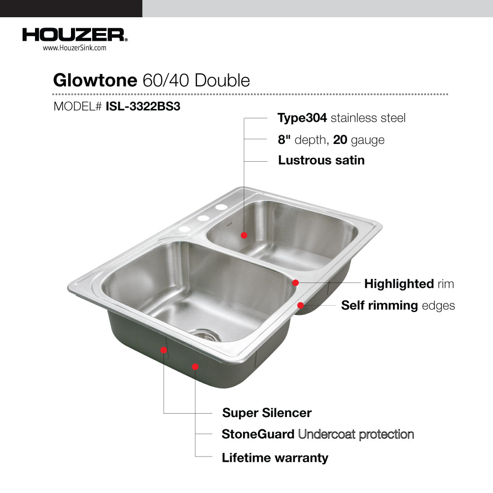 Houzer 33" Stainless Steel Topmount 60/40 Double Bowl Kitchen Sink, 20 Gauge, ISL-3322BS1-1