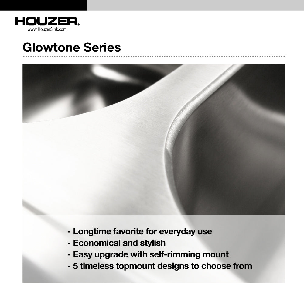 Houzer Glowtone 33" Stainless Steel Topmount 3-hole 60/40 Double Bowl Kitchen Sink with Strainers & Grids - 20 Gauge, ISL-3322BS3-C