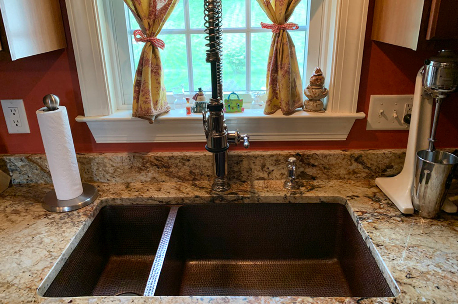 Installation Image of Premier Copper Products 33" Copper Kitchen Sink, 25/75 Double Bowl, Oil Rubbed Bronze, K25DB33199