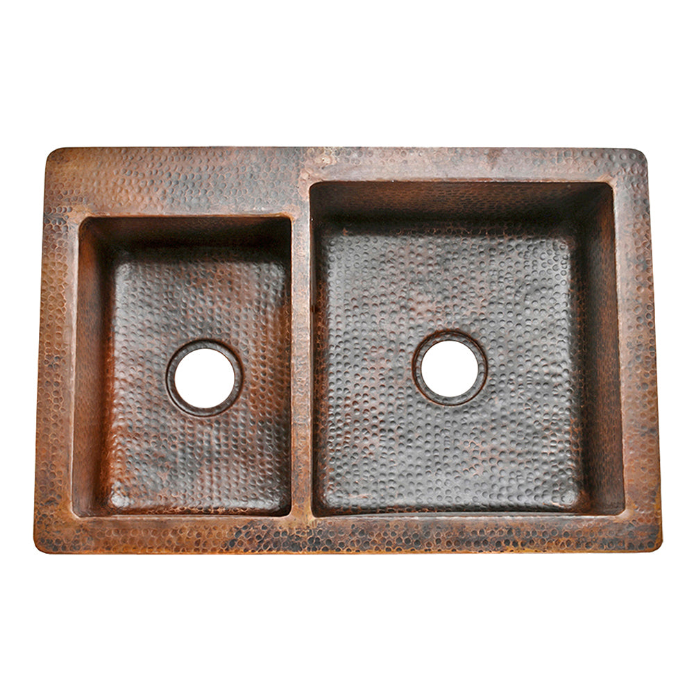 Premier Copper Products 33" Hammered Copper Kitchen 40/60 Double Basin Sink with Matching Drains, and Accessories, Oil Rubbed Bronze, KSP3_K40DB33229