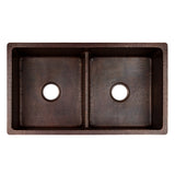 Premier Copper Products 33" Hammered Copper Kitchen 50/50 Double Basin Sink with Short 5" Divider w/ Matching Drains and Accessories, Oil Rubbed Bronze, KSP3_K50DB33199-SD5