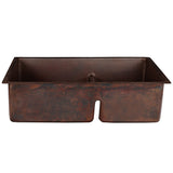 Premier Copper Products 33" Hammered Copper Kitchen 60/40 Double Basin Sink with Short 5" Divider w/ Matching Drains and Accessories, Oil Rubbed Bronze, KSP3_K60DB33199-SD5