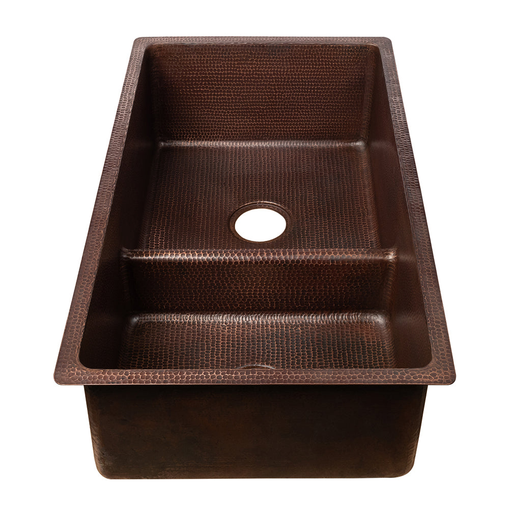 Premier Copper Products 33" Hammered Copper Kitchen 60/40 Double Basin Sink with Short 5" Divider w/ Matching Drains and Accessories, Oil Rubbed Bronze, KSP3_K60DB33199-SD5
