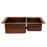 Premier Copper Products 33" Hammered Copper Kitchen 60/40 Double Basin Sink with Matching Drains, and Accessories, Oil Rubbed Bronze, KSP3_K60DB33229