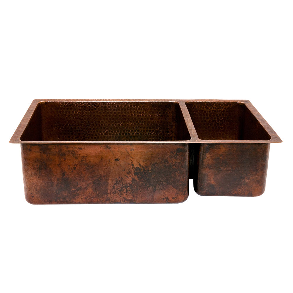 Premier Copper Products 33" Hammered Copper Kitchen 75/25 Double Basin Sink with Matching Drains, and Accessories, Oil Rubbed Bronze, KSP3_K75DB33199