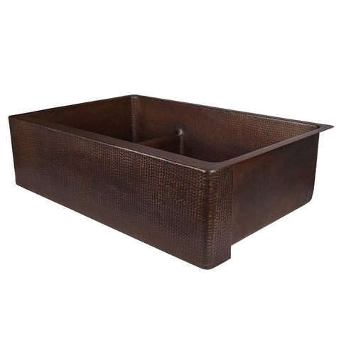 Main Image of Premier Copper Products 33" Copper Farmhouse Sink, 30/70 Double Bowl, Oil Rubbed Bronze, KA30DB33229-SD5