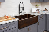 Installation Image of Premier Copper Products 33" Copper Farmhouse Sink, 50/50 Double Bowl, Oil Rubbed Bronze, KA50DB33229-SD5