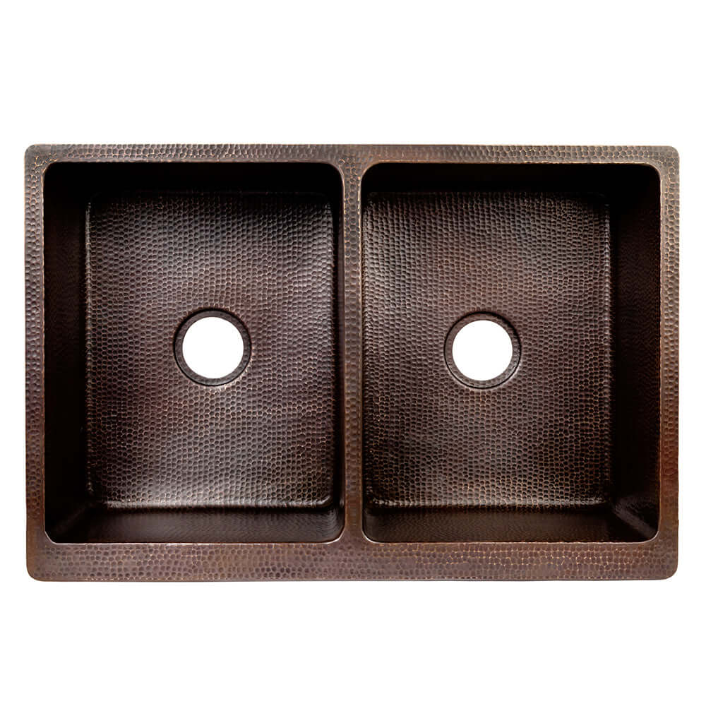 Premier Copper Products 33" Hammered Copper Kitchen Apron 50/50 Double Basin Farmhouse Sink w/ Scroll Design and Apron Front Nickel Background with Matching Drains, and Accessories, Oil Rubbed Bronze and Nickel, KSP3_KA50DB33229S-NB