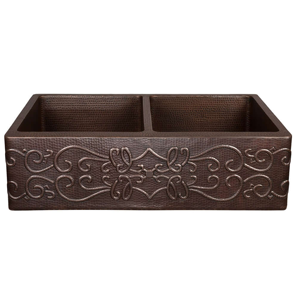 Premier Copper Products 33" Hammered Copper Kitchen Apron 50/50 Double Basin Farmhouse Sink w/ Scroll Design with Matching Drains, and Accessories, Oil Rubbed Bronze, KSP3_KA50DB33229S