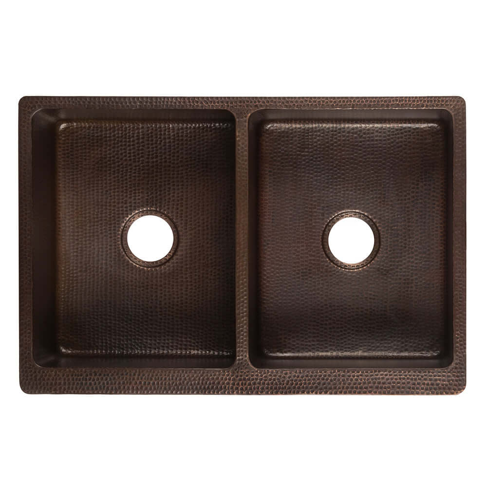 Premier Copper Products 33" Hammered Copper Kitchen Apron 50/50 Double Basin Farmhouse Sink w/ Scroll Design with Matching Drains, and Accessories, Oil Rubbed Bronze, KSP3_KA50DB33229S