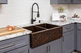 Installation Image of Premier Copper Products 33" Copper Farmhouse Sink, 50/50 Double Bowl, Oil Rubbed Bronze, KA50DB33229S