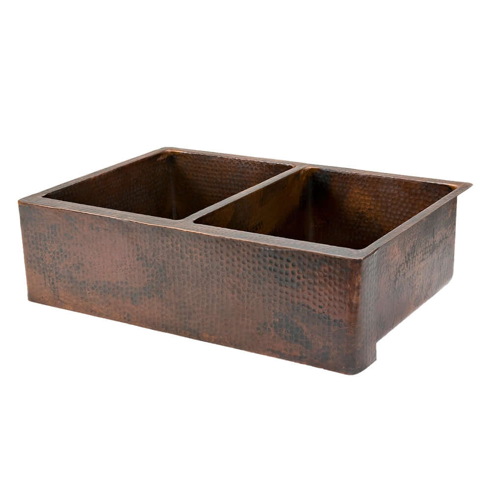 Premier Copper Products 33" Hammered Copper Kitchen Apron 50/50 Double Basin Farmhouse Sink with Matching Drains, and Accessories, Oil Rubbed Bronze, KSP3_KA50DB33229