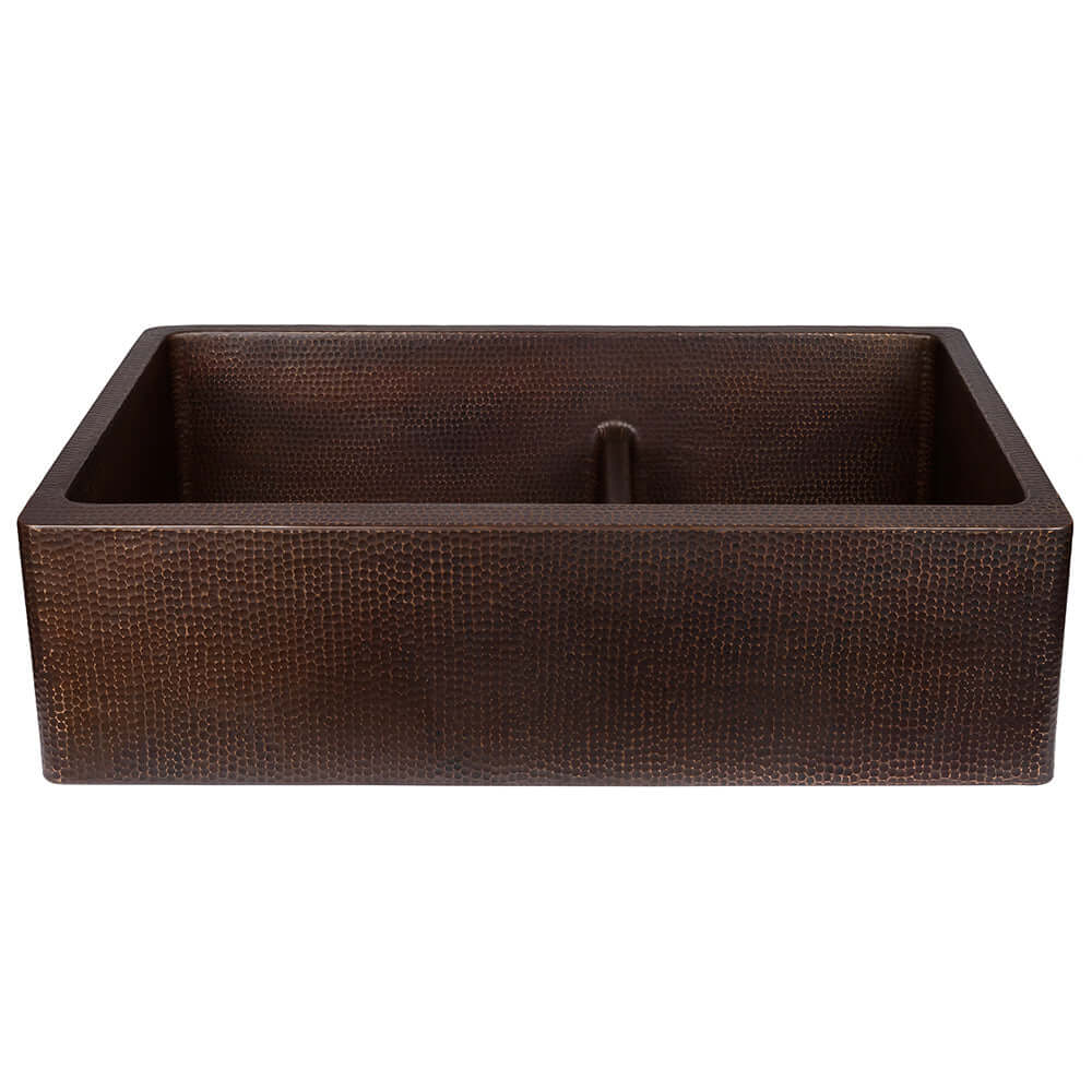 Premier Copper Products 33" Hammered Copper Kitchen Apron 60/40 Double Basin Farmhouse Sink with Short 5" Divider w/ Matching Drains and Accessories, Oil Rubbed Bronze, KSP3_KA60DB33229-SD5