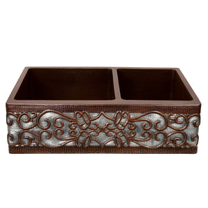 Alternate Image for Premier Copper Products 33" Copper Farmhouse Sink, 60/40 Double Bowl, Oil Rubbed Bronze and Nickel, KA60DB33229S-NB