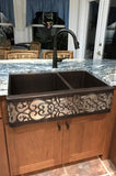 Installation Image of Premier Copper Products 33" Copper Farmhouse Sink, 60/40 Double Bowl, Oil Rubbed Bronze and Nickel, KA60DB33229S-NB