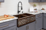 Installation Image of Premier Copper Products 33" Copper Farmhouse Sink, 60/40 Double Bowl, Oil Rubbed Bronze and Nickel, KA60DB33229S-NB