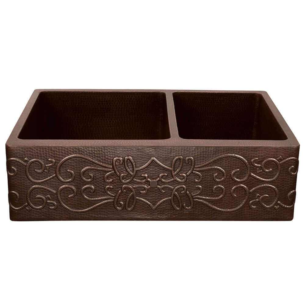 Premier Copper Products 33" Hammered Copper Kitchen Apron 60/40 Double Basin Farmhouse Sink w/ Scroll Design with Matching Drains, and Accessories, Oil Rubbed Bronze, KSP3_KA60DB33229S