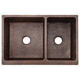 Premier Copper Products 33" Hammered Copper Kitchen Apron 60/40 Double Basin Farmhouse Sink w/ Scroll Design with Matching Drains, and Accessories, Oil Rubbed Bronze, KSP3_KA60DB33229S