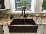 Installation Image of Premier Copper Products 33" Copper Farmhouse Sink, 60/40 Double Bowl, Oil Rubbed Bronze, KA60DB33229