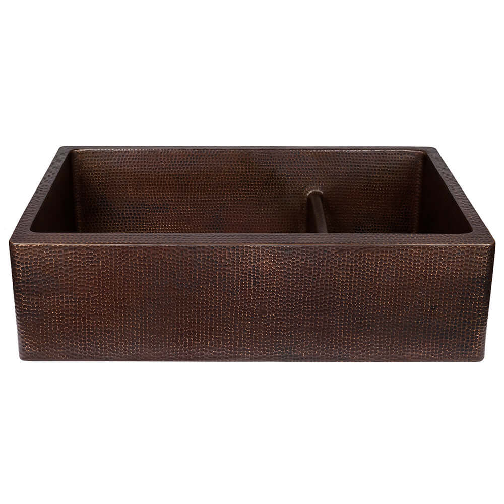 Premier Copper Products 33" Hammered Copper Kitchen Apron 70/30 Double Basin Farmhouse Sink with Short 5" Divider w/ Matching Drains and Accessories, Oil Rubbed Bronze, KSP3_KA70DB33229-SD5