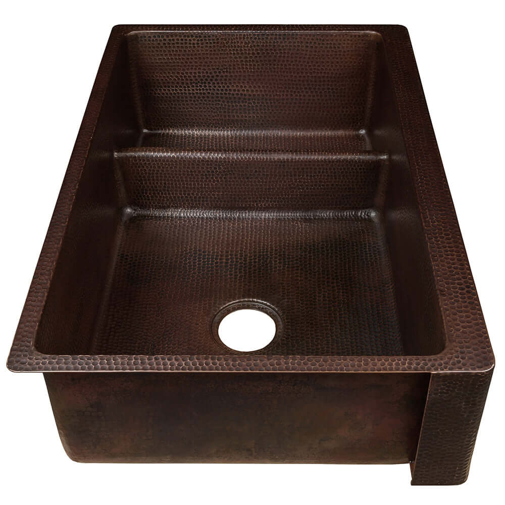Premier Copper Products 33" Hammered Copper Kitchen Apron 70/30 Double Basin Farmhouse Sink with Short 5" Divider w/ Matching Drains and Accessories, Oil Rubbed Bronze, KSP3_KA70DB33229-SD5