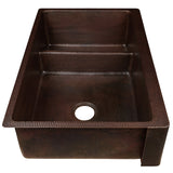 Premier Copper Products 33" Hammered Copper Kitchen Apron 70/30 Double Basin Farmhouse Sink with Short 5" Divider w/ Matching Drains and Accessories, Oil Rubbed Bronze, KSP3_KA70DB33229-SD5