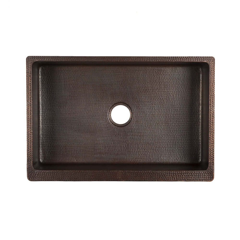 Premier Copper Products 30" Hammered Copper Kitchen Apron Single Basin Farmhouse Sink with Scroll Design with Matching Drain and Accessories, Oil Rubbed Bronze, KSP3_KASDB30229S