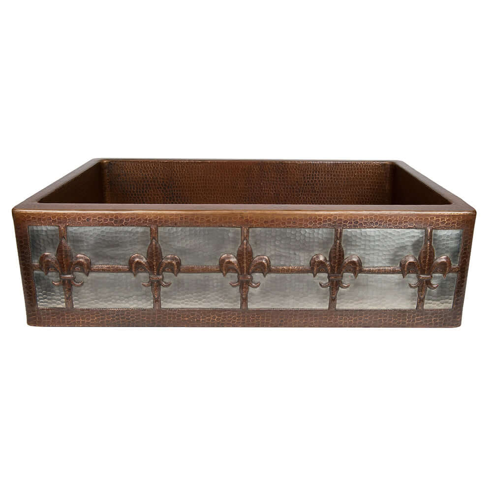 Premier Copper Products 33" Hammered Copper Kitchen Apron Single Basin Farmhouse Sink w/ Fleur De Lis and Apron Front Nickel Background with Matching Drain and Accessories, Oil Rubbed Bronze and Nickel, KSP3_KASDB33229F-NB