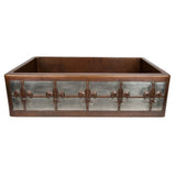 Premier Copper Products 33" Hammered Copper Kitchen Apron Single Basin Farmhouse Sink w/ Fleur De Lis and Apron Front Nickel Background with Matching Drain and Accessories, Oil Rubbed Bronze and Nickel, KSP3_KASDB33229F-NB